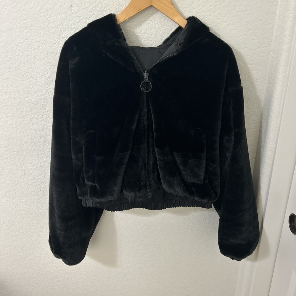 Black Faux Fur Zip-Up Jacket